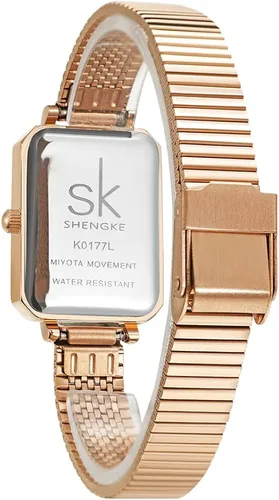 Vista 7 de SHENGKE SK - Reloj cuadrado único para mujer, con correa de malla de acero inoxidable, de cuero auténtico, elegante, rectángulo, para mujer