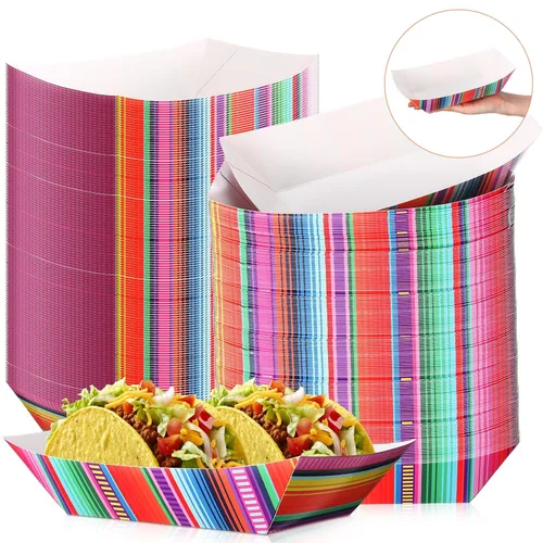 Vista 8 de Engrowtic 50 piezas de bandejas desechables para nachos mexicanos, bandejas de comida para fiestas, bandejas de papel para aperitivos ensambladas