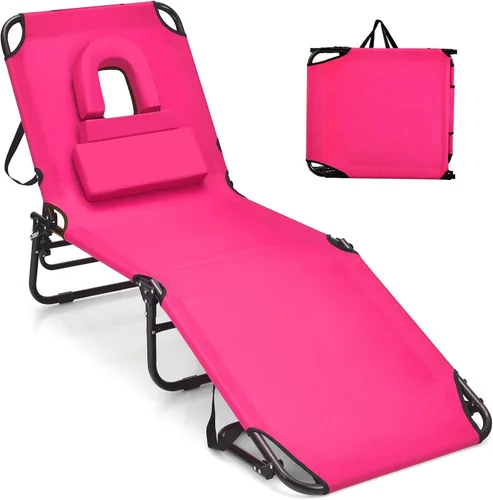 Vista 19 de GYMAX Silla de bronceado, silla de playa de 350 libras con agujero para la cara, almohada lavable y correa de transporte, tumbona plegable