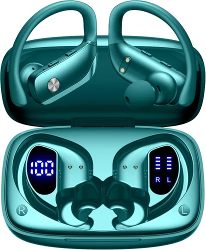 Vista 9 de bmani Auriculares inalámbricos con Bluetooth con pantalla LED de 80 horas de reproducción, gancho sobre la oreja con micrófono, sonido estéreo Negro