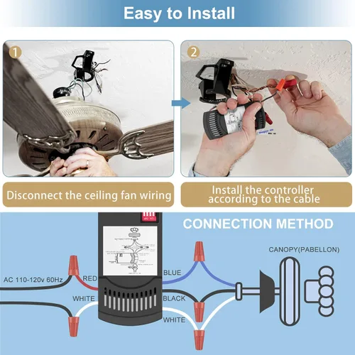Vista 4 de Kit de control remoto universal para ventilador de techo Hampton Bay Harbor Breeze Hunter - Control de 3 velocidades, atenuador de luz