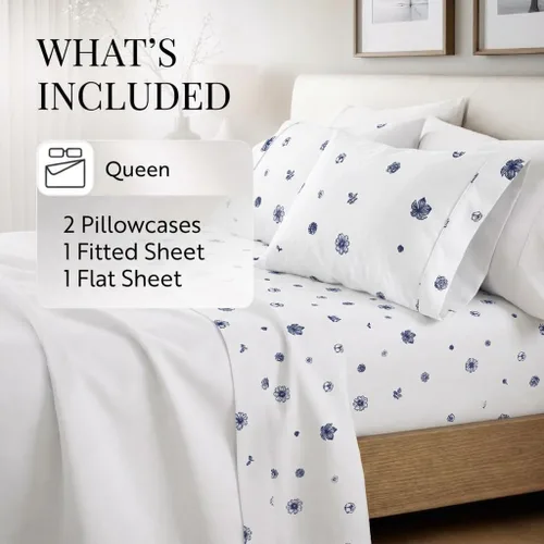 Vista 6 de Merit Linens Sábanas transpirables con estampado floral de estilo hotel Juego de 4 piezas con bolsillo profundo Sábanas ligeras y acogedoras