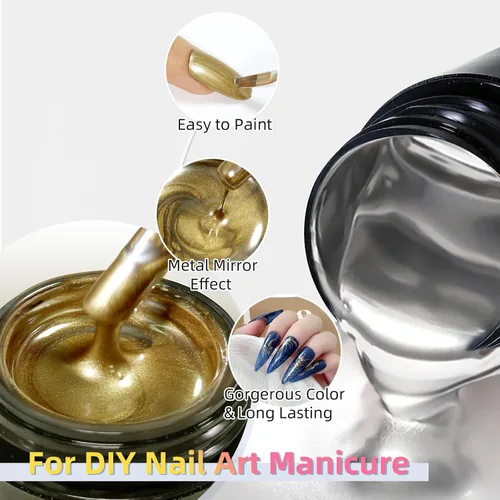 Vista 5 de Gel de pintura metálica de 2 x 0.3 fl oz, esmalte de uñas plateado y dorado, pintura de metal 3D, esmalte de gel de dibujo de espejo, esmalte