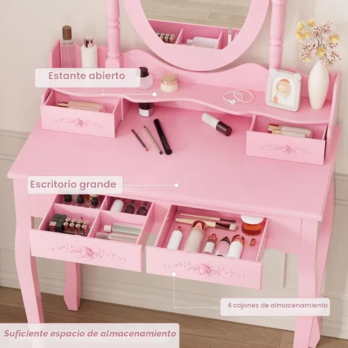 Vista 4 de Alohappy - Juego de mesa de maquillaje con espejo y taburete para niñas, mesa de maquillaje y taburete acolchado con 4 cajones, tocador de madera