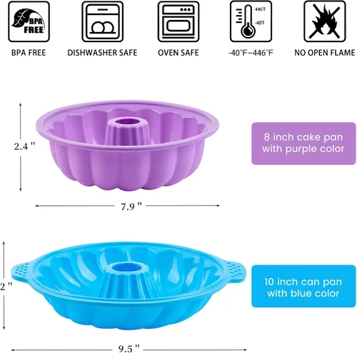 Vista 6 de Pack de 2 moldes de silicona para pastel, moldes antiadherentes de 20 y 25 cm para pastel de bundt, moldes para hornear gelatina, gelatina, brownie