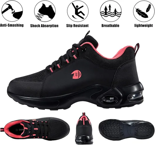 Vista 6 de Delobi Zapatos de punta de acero para mujer, zapatos de trabajo de seguridad, antideslizantes, cómodos, ligeros, con amortiguación de aire, zapatos