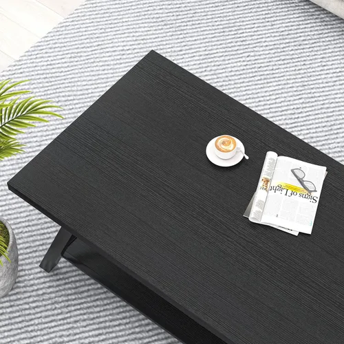 Vista 4 de EXCEFUR Mesa de centro negra, moderna mesa central de madera y metal con estante de almacenamiento, mesa de té rectangular industrial para sala