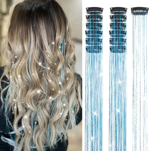 Vista 20 de Ubeleco Kit de oropel para cabello negro de 12 piezas, accesorios de cabello con clip de 52 cm, kit de oropel de pelo de hada para Navidad y Año