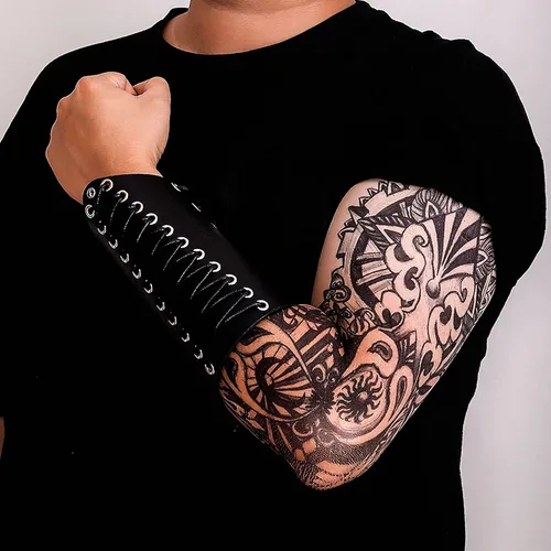 Vista 7 de MILAKOO 2 unids hombre negro cuero ancho guantelete pulsera de sujeción brazo armadura brazalete ajustable