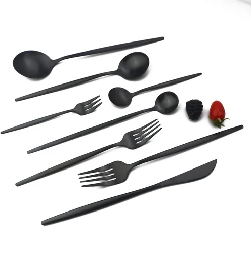 Vista 2 de JASHII Juego de vajilla de 32 piezas de acero inoxidable con cuchara de café, cuchara de mango largo, servicio de cubiertos premium para 4 Negro