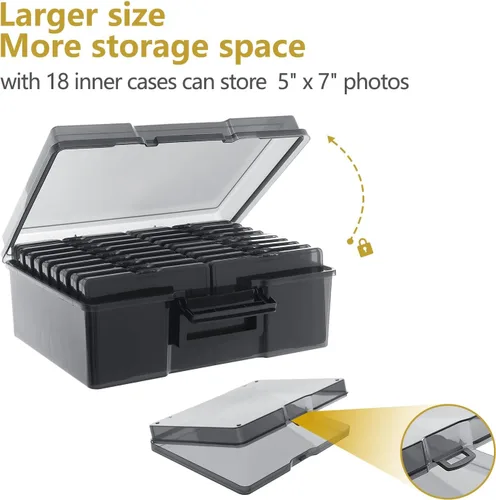 Vista 5 de Caja de almacenamiento de fotos de 5 x 7 pulgadas, 18 contenedores interiores extra grandes para organizar fotos, caja de almacenamiento de plástico