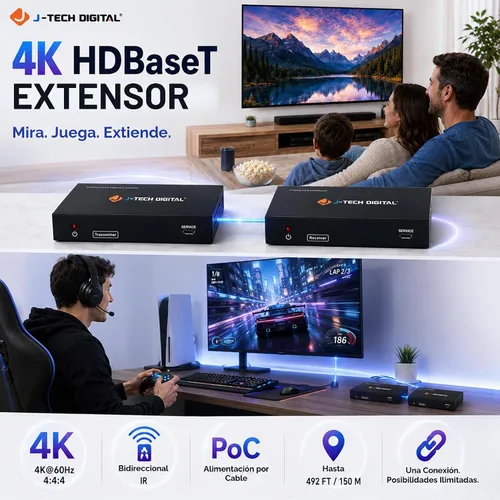 Vista 7 de J-Tech Digital Extensor HDMI de largo alcance sobre Cat6 150m/492ft HDBaseT 4K60Hz 18Gbps Extensor PoC, IR bidireccional, compatible con Dolby