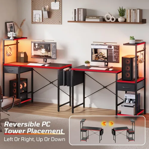 Vista 5 de Bestier Escritorio para juegos con cajón, escritorio pequeño para computadora de 44 pulgadas con estante de PC, mesa de juegos con luces LED