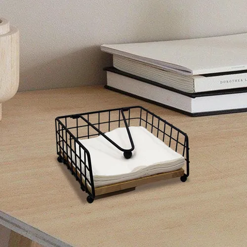 Vista 4 de Wooden and Iron Napkin Holder Flat Napkin Dispenser with Metal Arm Decorative Table Stand Suitable for Dining Room Kitchen, Black