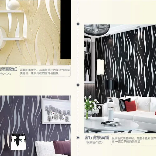 Vista 6 de Papel pintado no tejido de moda simple 3D en relieve tridimensional flocado rayas de ondas espumosas dormitorio sala de estar TV fondo pared