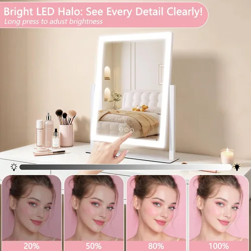 Vista 3 de Espejo de tocador iluminado con luces, espejo de maquillaje con luz, 16.7 x 13.2 pulgadas, tres modos de iluminación de color e iluminación Negro
