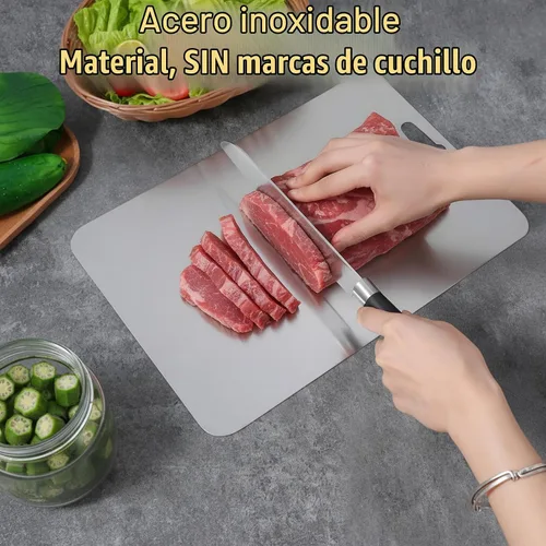 Vista 6 de Juego de tablas de cortar de acero inoxidable de 3 piezas, grado alimenticio, apto para lavavajillas, resistente al olor, para carne, frutas
