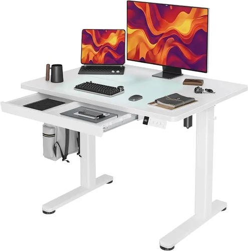 Vista 18 de YDN Escritorio de pie con cajón de 48 x 24 pulgadas eléctrico de altura ajustable negro Steel frame supports 176 lbs, 28.3 to 46.5 inch height