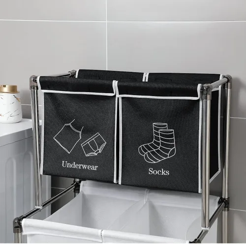 Vista 6 de Cesta de lavandería vertical de 2 niveles con 4 bolsas extraíbles para lavandería, con cuatro ruedas para fácil movimiento, espacios pequeños