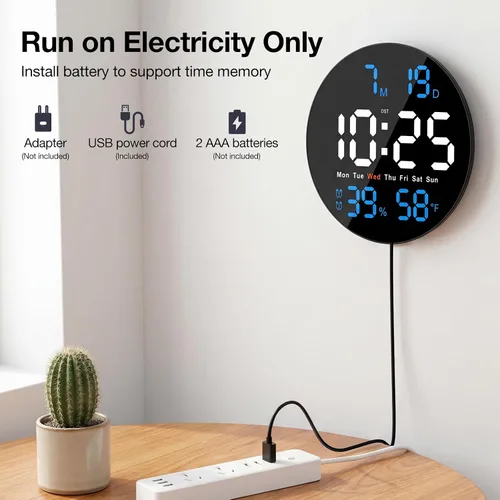 Vista 4 de Reloj digital grande para aula, relojes digitales para profesores, reloj LED redondo de 10 pulgadas con pantalla grande, fecha, temporizador de Azul