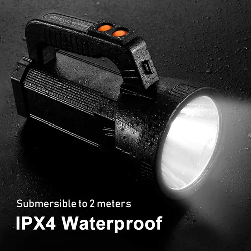 Vista 2 de Proyector recargable súper brillante LED linterna táctica 9600 mAh 6000 lúmenes, luz de punto impermeable, reflector de mano, función de banco