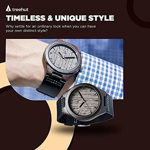 Vista 4 de Treehut - Reloj de pulsera analógico para hombres, de madera con correa de piel auténtica, estilo elegante.