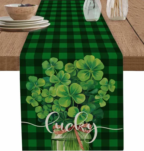 Vista 9 de Camino de mesa de algodón con trébol de la suerte, día de San Patricio, diseño retro de tréboles, hojas de eucalipto, mantel de hojas de eucalipto