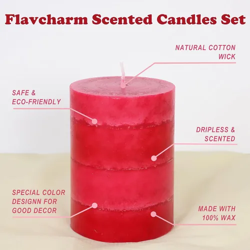 Vista 3 de Velas aromáticas de pilar FLAVCHARM de larga duración, sin goteo, rojas, 3x4 pulgadas