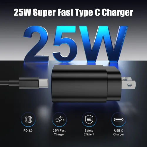 Vista 2 de Paquete de 2 cargadores USB C de 25W para Samsung Galaxy S24 Ultra, bloque de carga rápida súper silenciosa tipo C con cable C a C de 3 pies