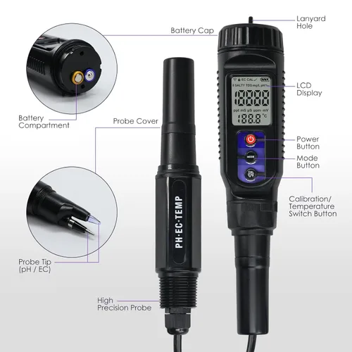 Vista 6 de Medidor de pH para alimentos Medidor digital de temperatura EC pH 3 en 1 con ATC, probador de pH de alimentos para verificar fermentación/masa