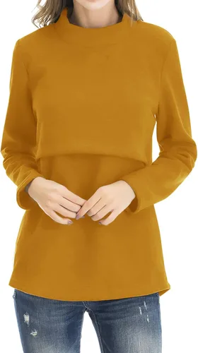 Vista 8 de Smallshow Camisetas de maternidad con forro polar para mujer, manga larga, ropa para amamantar Verde militar