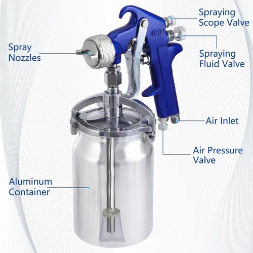 Vista 3 de B4B BANG 4 BUCK Pistola pulverizadora profesional de alimentación por sifón HVLP, taza de capacidad de 1000 cc con boquillas de 0.051 in, 0.067 in