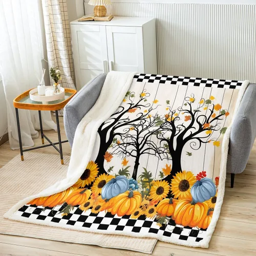 Vista 11 de Manfei Manta de otoño con diseño de hojas de calabaza, dibujos animados, arcoíris, zorro, oso, ciervo, para niños y niñas, manta de cosecha de otoño