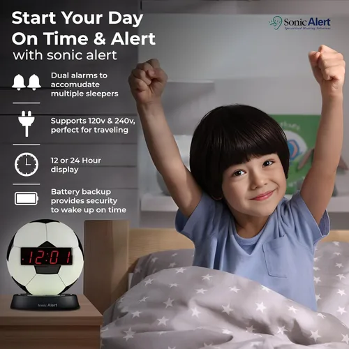 Vista 4 de Sonic Alert Reloj despertador con balón de fútbol con luz nocturna brillante, batería de reserva y atenuador de rango completo, reloj despertador