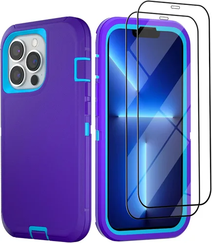 Vista 32 de Funda para iPhone 13 con 2 protectores de pantalla, resistente de grado militar, funda de cuerpo completo para hombres y mujeres (aguamarina + rosa)
