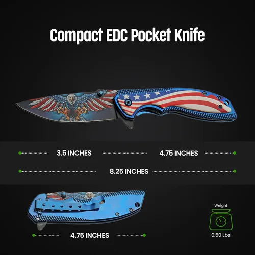 Vista 2 de SZCO 300583 - Cuchillo plegable EDC con mango de titanio American Eagle de 8.25 pulgadas con clip de bolsillo, rojo, blanco y azul