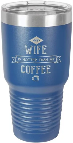 Vista 15 de Taza de viaje de acero inoxidable con popote y tapa superior deslizante My Wife Is Hot Than My Coffee Black de 30 onzas
