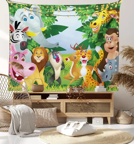 Vista 8 de Ambesonne Tapiz de dibujos animados, grupo de animales de la selva de sabana con expresiones divertidas, estampado de mascotas de sabana, colgante