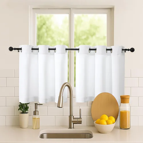 Vista 21 de Simplebrand Juego de 2 paneles de cenefa aguamarina para ventana de cocina de 14 pulgadas de largo, cortinas de oscurecimiento de habitación