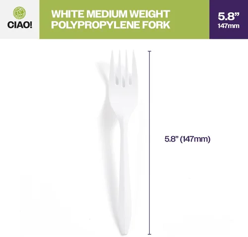 Vista 4 de CIAO! Tenedor blanco desechable de 5.8 pulgadas de polipropileno de peso medio (caja de 1000)