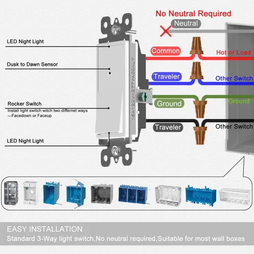Vista 7 de SOZULAMP Interruptor de luz de 3 vías con luz nocturna, fácil de instalar, no requiere neutral, interruptor iluminado de tres vías con sensor