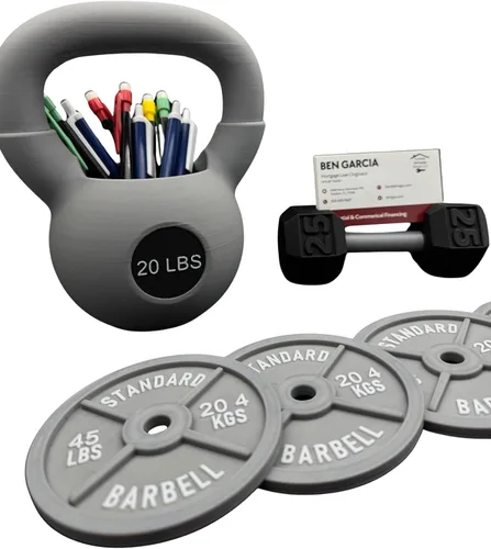 Vista 9 de Paquete de accesorios de escritorio con temática de gimnasio, soporte para tarjetas de visita con mancuernas, organizador de bolígrafos con pesas