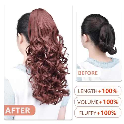 Vista 6 de Extensión de cola de caballo color castaño caoba, pinza de 20 pulgadas para mujeres, extensiones de cabello sintético ondulado, cola de caballo