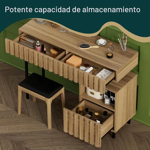 Vista 5 de Escritorio de madera con espejo, juego de tocador de maquillaje con cajón, tocador de tocador, juego de escritorio de maquillaje con espacio