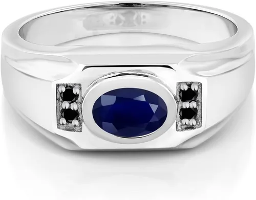 Vista 2 de Gem Stone King Anillo de plata de ley 925 con zafiro azul y diamante negro para hombre