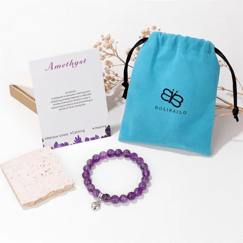 Vista 7 de Bolinailo Pulseras de cuentas de piedra de cristal curativo para mujeres y hombres, pulsera de piedras preciosas naturales, 0.315 in antiansiedad