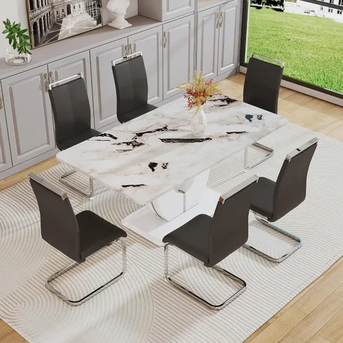 Vista 75 de JUFU Juego de mesa de comedor moderno para 4, juego de mesa de cocina rectangular de 63 pulgadas con mesa de mármol sintético y 4 sillas tapizadas