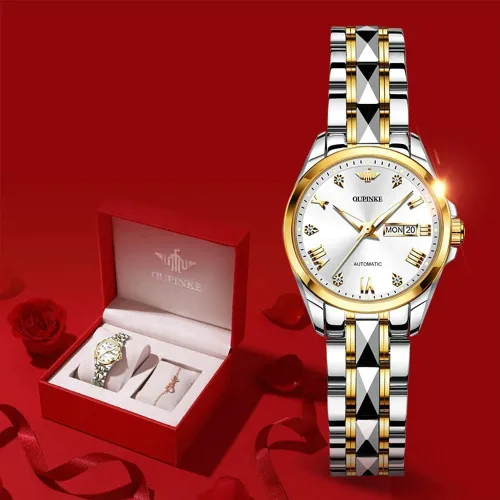 Vista 2 de OLEVS Reloj de pulsera mecánico de cuerda automática para mujer, de marca suiza, vestido de cristal de zafiro, impermeable, para mujer