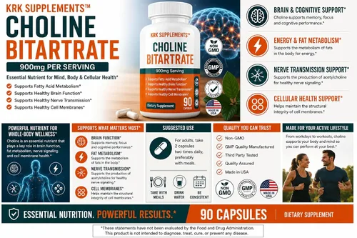 Vista 3 de Bitartrato de colina 900 mg por porción 90 cápsulas KRK SUPPLEMENTS