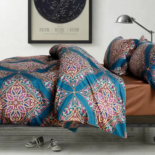 Vista 10 de Eikei Home Damasco Medallion - Juego de funda de edredón de lujo con estampado Paisley bohemio, 400 hilos, algodón egipcio, satén, vibrante